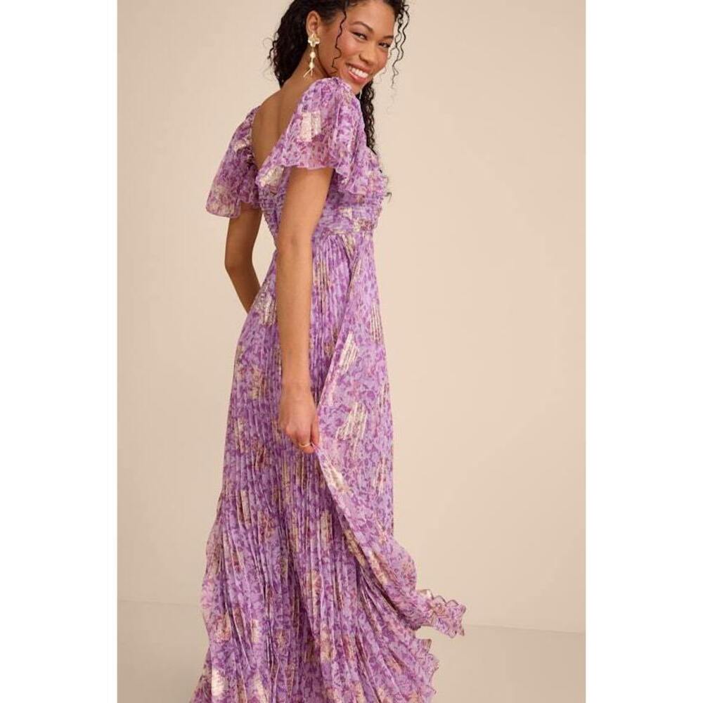 Lulus Lynwen Light Purple Abstract Pleated Flutter Sleeve Maxi Dress - Size M